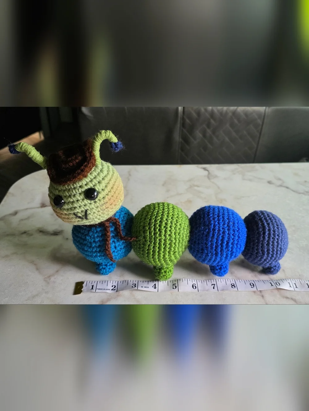 Handmade Green & Blue Crocheted Caterpillar Plush Toy